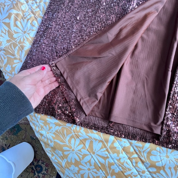 Saylor Harmonie sequin midi brown cocktail dress cutout adjustable strap slit M - Picture 6 of 7